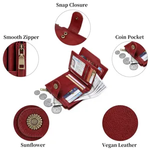 Red vegan leather short women wallet with sunflower snap closure card holder coin pocket