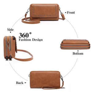 Retro oil wax leather mini crossbody bag with multi-layer zippers and metal studs for women.