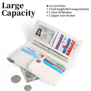 Women's long faux leather wallet with multiple card slots and zipper coin pocket white