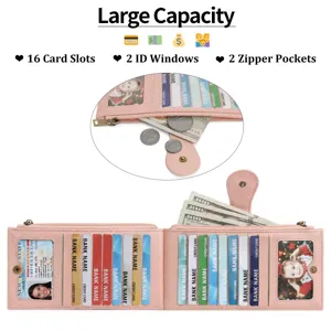 Women large capacity card wallet pink PU leather multi slot zipper coin purse detail
