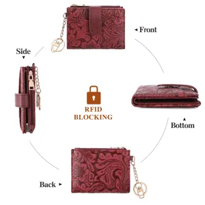 Détail de portefeuille court pour femme gaufré vintage avec fonction blocage RFID.