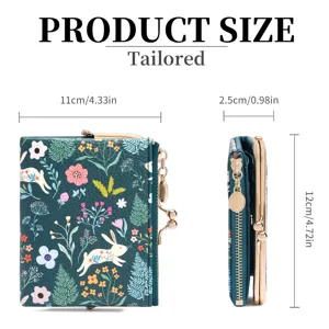 Women short PU leather wallet with cute rabbit floral print kiss-lock zip coin pocket compact purse