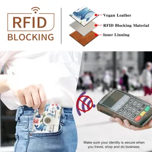 RFID blocking short wallet detail showing vegan leather layers and secure travel use.