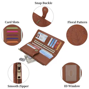 Women vintage embossed floral long wallet with card slots, snap buckle and smooth zipper.