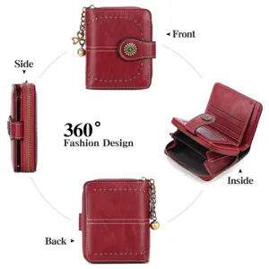 Red short women wallet retro hollow design clasp zip leather purse with multi card slots