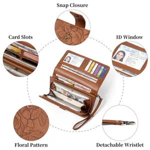 Women long wallet large capacity microfiber leather embossed floral snap closure wristlet