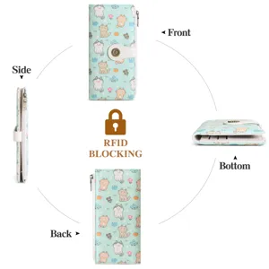 Women's long cartoon cat print wallet with snap closure, zipper pocket and RFID blocking.