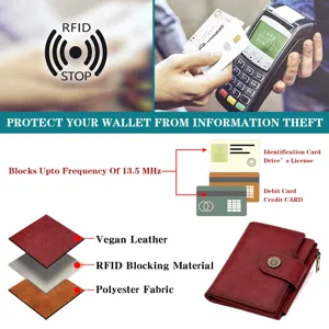 RFID blocking leather women wallet with sunflower snap button, compact card holder purse.