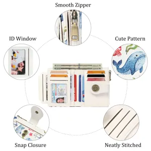 Women short PU leather wallet cartoon pattern folding wallet with ID window and coin zipper