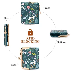Multi-angle close-up view of floral print PU leather short wallet with RFID blocking feature.