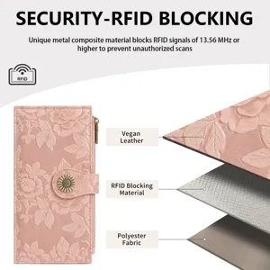 Pink floral embossed long wallet with RFID blocking technology and multiple card slots.