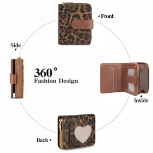 Detailed view of women short leopard print wallet with heart window and zipper coin pocket.