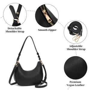 Black crescent shoulder bag for women vegan leather hobo handbag with adjustable strap