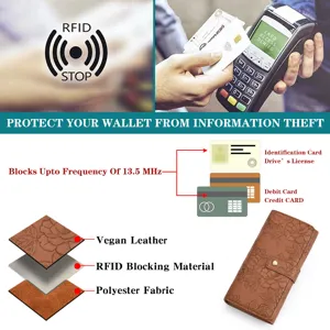 Women RFID blocking long wallet, vegan leather floral embossed clutch purse with multi card slots.