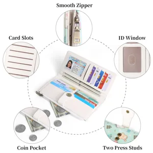 Women long bifold wallet with cute cat print, multiple card slots, ID window and coin pocket.
