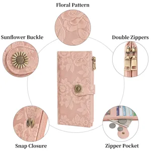 Pink embossed floral women long wallet detail view featuring sunflower buckle and double zippers.