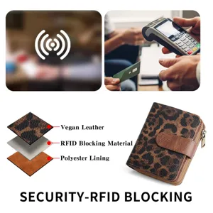 Leopard print short wallet detail showing premium vegan leather and RFID blocking layers.