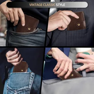 Portafoglio corto marrone in microfibra vintage da uomo porta carte minimalista con bottone
