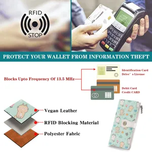Cute cat print long women wallet with RFID blocking material and bifold design for daily use.