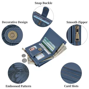 Women Short Wallet Embossed Floral Snap Coin Purse Multi-card Holder Blue Vintage