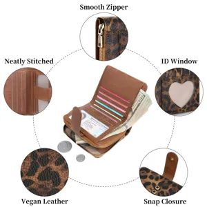 Detail view of women short leopard wallet features smooth zipper, card slots and vegan leather.