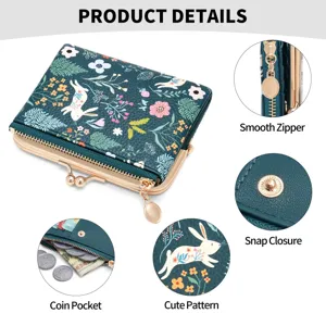 Women short PU leather wallet cute rabbit floral print kiss lock coin purse card holder