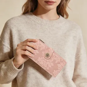 Pink embossed floral women long wallet with sunflower button, elegant card holder purse