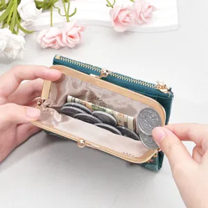 Women short floral coin purse kiss lock wallet zipper PU leather card holder green bag
