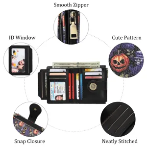Women short PU leather wallet folding card holder with cute pattern and zipper pocket
