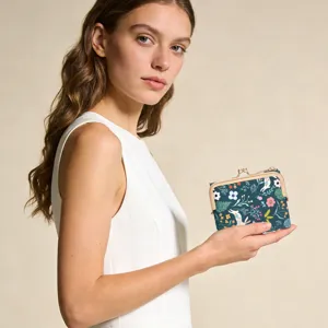 Women short wallet cute cartoon floral print PU leather kiss-lock coin purse main view