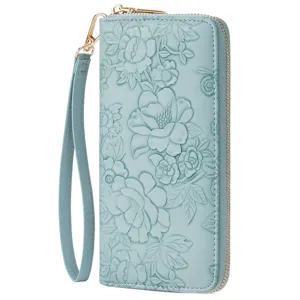 Women long zip wallet embossed floral clutch purse with wrist strap mint green leather chic.