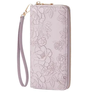 Women Long Wallet Floral Embossed PU Leather Zipper Clutch Purse with Wrist Strap