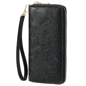 Black embossed floral long wallet for women with zipper and wrist strap chic purse