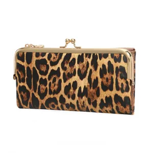 Chic leopard print women's long wallet with gold kiss-lock closure and stylish clutch design.