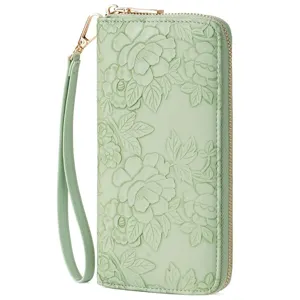 Women Long Wallet Synthetic Leather Embossed Floral Zipper Clutch Purse Card Holder Wrist Strap Fashion Handbag