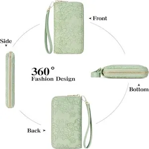 Multi-angle details of green embossed PU leather women long zipper wallet with wrist strap.