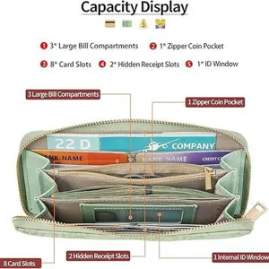 Women's long wallet zip around PU leather clutch purse with multiple card slots and coin pocket