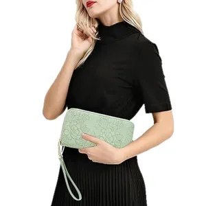 Fashion Women's Long Wallet Microfiber Leather Embossed Zipper Clutch Purse Green Main