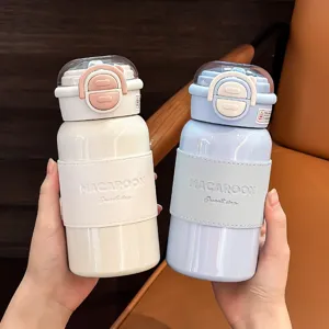 Portable Stainless Steel Vacuum Insulated Water Bottle 500ml Minimalist Thermos Cup with Straw and Leather Sleeve