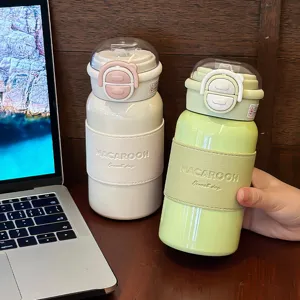 Portable double drink stainless steel vacuum insulated water bottle with straw and leather sleeve