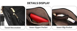 Detailed view of women black PU leather crossbody bag with tassel decoration and inner pockets.