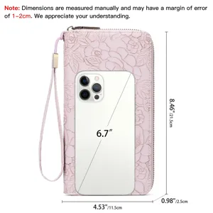 Detailed dimension view of pink embossed women long wallet with wrist strap and phone.
