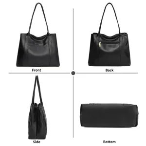Black leather tote bag for women, large capacity shoulder bag, casual daily work handbag.