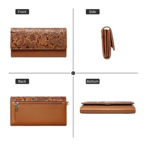 Women long floral embossed tri-fold wallet chic PU leather clutch purse with wrist strap.