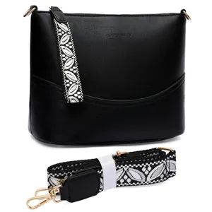 Black bucket bag shoulder crossbody bag with patterned wide strap detailed display view