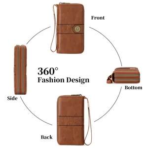 Check out the detailed angles of this vintage brown PU leather double zipper wallet.
