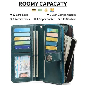 Portafoglio lungo da donna in pelle cerata retrò grande capacità con scomparti carte e zip.
