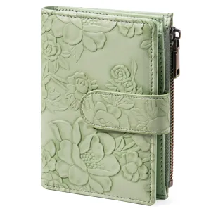 Light green PU short wallet with elegant floral embossed design and practical card slots.