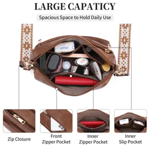 Detailed interior view of the brown leather crossbody bag with multiple pockets and strap.