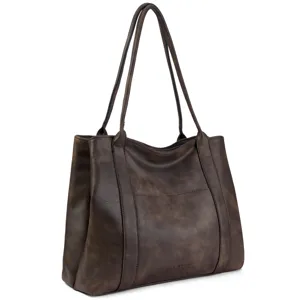 Detailed view of the dark brown large capacity leather tote bag, showing dual straps.